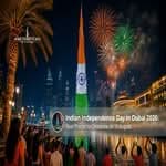 Indian Independence Day celebrations in Dubai with patriotic lights and events.