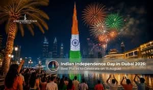 Indian Independence Day celebrations in Dubai with patriotic lights and events.