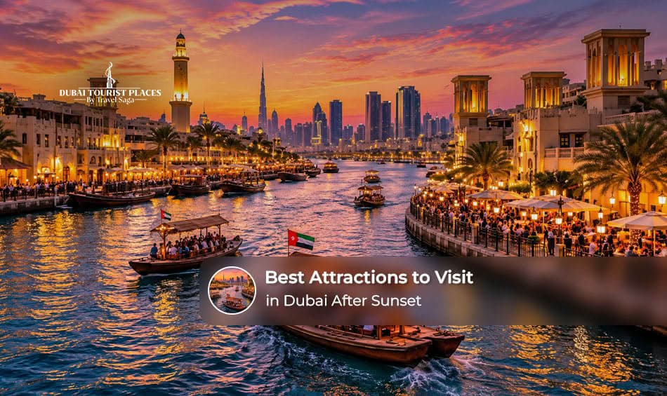 Dubai's illuminated skyline and popular attractions glowing after sunset.