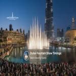 Choreographed water jets performing a spectacular evening show at Dubai Fountain.