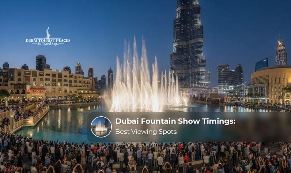 Choreographed water jets performing a spectacular evening show at Dubai Fountain.