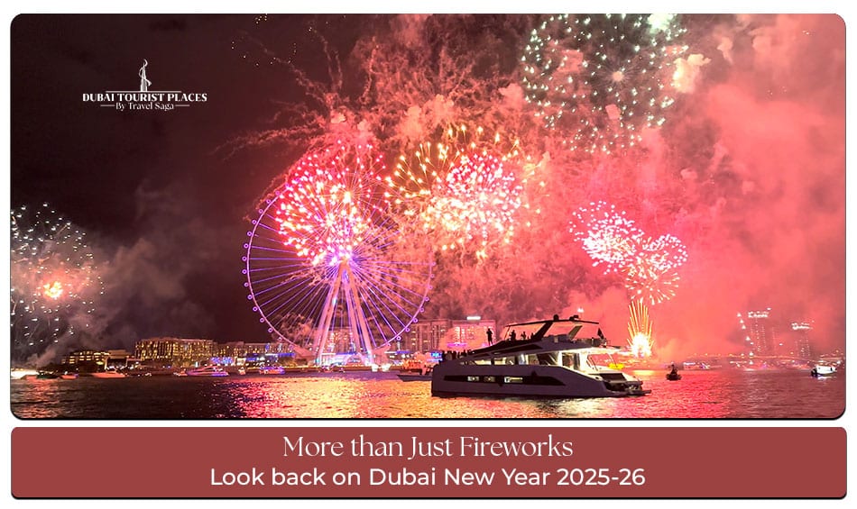 Dubai New Year Experiences featuring fireworks, yacht parties, desert safaris, and festive celebrations
