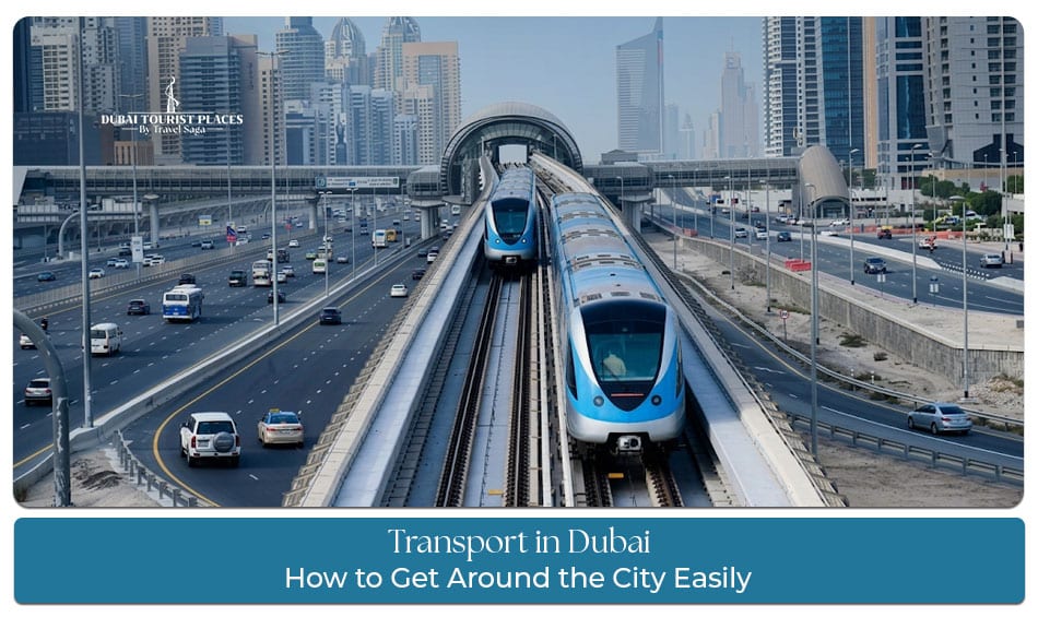 Transport Guide in Dubai featuring metro, buses, taxis, trams, and convenient travel options